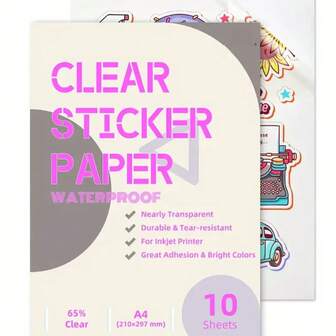 10 Sheets A4 65% Clear Waterproof Vinyl Sticker Paper - Self-Adhesive, Quick-Dry, 21.08x29.72 Cm Tear-Resistant Decal Sheets For Inkjet Printer, Great Adhesion & Vibrant Colors For Office, Crafts, Labels, Craft Projects | Versatile Labeling | Durable Adhesive, Printer Label Stickers