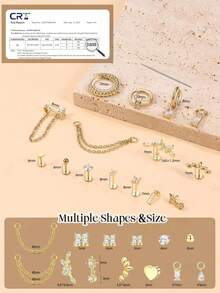 17Pcs 16G/18G/20G Threadless Flat Back Earrings 316L Surgical Steel Cartilage Earring Stacks Flatback Push In Nose Rings Studs Hypoallergenic Tragus Helix Conch Labret Medusa Piercing Jewelry - Style2-Gold - View 5