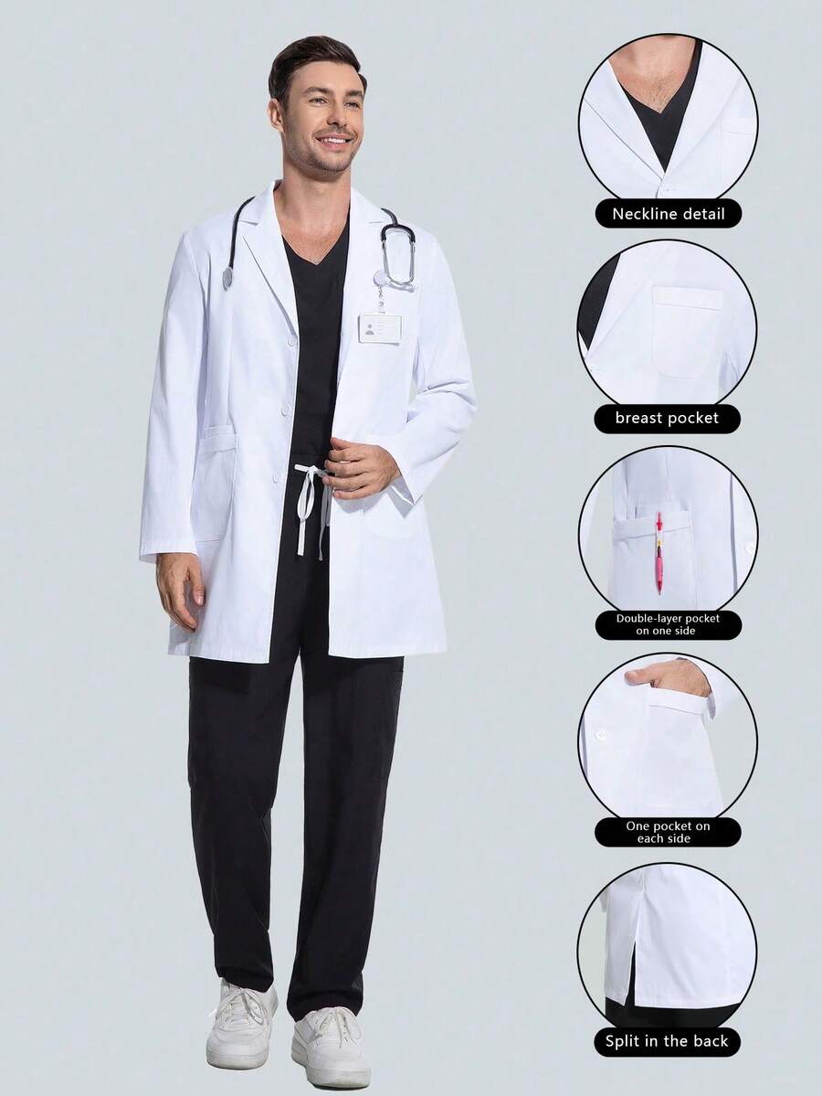 男士翻领开襟实验服/工作服/医护服 - 白色 - 查看 1