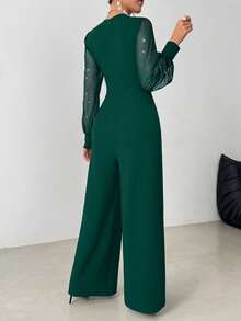 女士优雅连体裤 - V 领长袖，直筒裤型，透视网纱拼接，铆钉装饰，可机洗，精致风格 - 墨綠色 - 查看 2