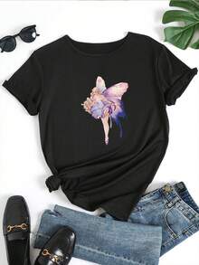 Camiseta de Mujer de Talla Grande, Gráfico de Hada Caprichosa - Casual Negra de Manga Corta y Cuello Redondo, Mezcla Elástica, Diseño Floral y de Letras en Relieve, Regalo Ideal para Primavera/Verano, Ropa de Temporada, Moda de Primavera, Estampado Juguetón, Ajuste Cómodo, Mezcla, Blusa Impresa, Adultos, Ropa de Moda - Negro - Ver 3