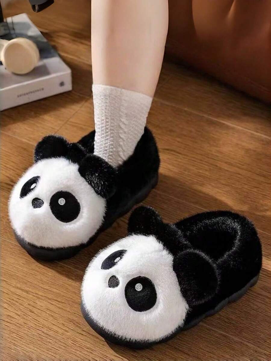 Women's Plush Lined Cute Panda Thick Sole Indoor Slippers, Suitable For Home, Bedroom, Autumn/Winter. Cartoon Casual Flat Women Slippers, Funny Slippers, Fluffy Female Slippers, Couple Slippers, Winter Men's Home Slippers