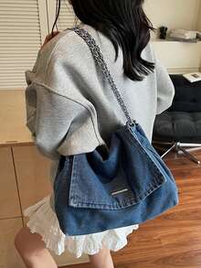 New Fashion Casual Solid Color Denim Effect Metal Chain Strap Flap Cover Women Shoulder Bag Winter New Fashion Classic Solid Color Retro Wash Jeans Material Metal Chain Shoulder Bag Quilted Embroidery Thread Decoration Design Large-Capacity Shoulder Bag Suitable For Shopping And Outing. Perfect For Cowgirl Crossbody Bags, Shoulder Bags, Totes, Pouches, Or Travel Organizers. Ideal For Young Girls On Birthdays, Proms, And Graduations. Also Makes A Lovely Gift For Friends, Mothers, Or Partners On Special Occasions Like Valentine's Day, Christmas, Or Anniversaries. - Nhiều màu - Xem 7