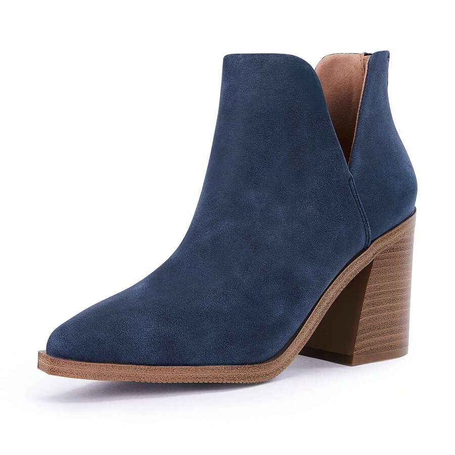 Womens Pointed Toe Stacked Mid Heel Ankle Boots V Cut Back Zipper Faux Leather Booties - 深藍色 - 查看 1