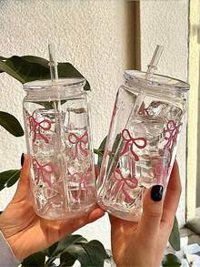 一套粉色蝴蝶结玻璃杯（1=杯子+吸管+杯盖），便携大容量水杯，适合户外旅行，精致可爱，可作奶茶杯、果汁/咖啡杯，是送给家人朋友生日聚会/沙特国庆日/圣诞节/新年/情人节等节日的完美礼物，厨房用品，生日派对礼物 - 彩色 - 查看 6