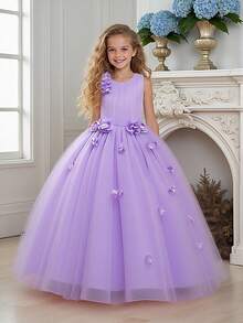 Tween Girls Floral Mesh Elegant Party Princess Dress, Suitable For Birthday, Hosting Events, Excluding Headband - Purple - View 1