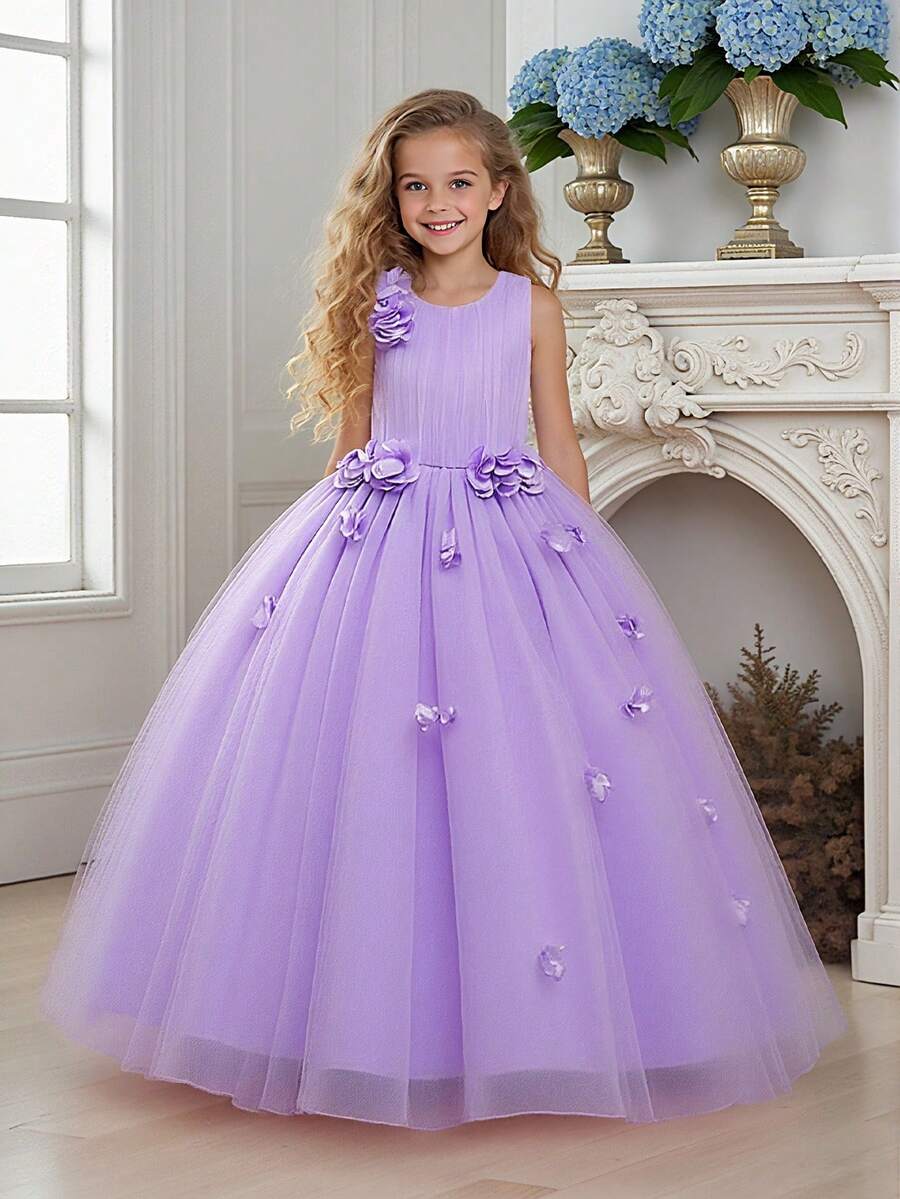 Tween Girls Floral Mesh Elegant Party Princess Dress, Suitable For Birthday, Hosting Events, Excluding Headband - Purple - View 1