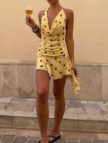 1pc Polka Dot All-Over Print Contrast Color Casual Elegant Bohemian Knit Fabric Twist Ruffle Hem Mini Dress, Suitable For Evening Date, Spring/Summer - Yellow - View 5