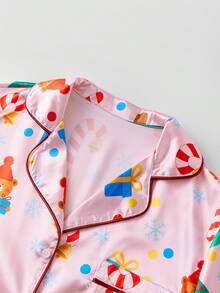Women's Christmas Pajama Sets Fashionable Printed Button Down Ruffle Tops With Pants 2Pcs Soft Sleepwear - Pink - View 4