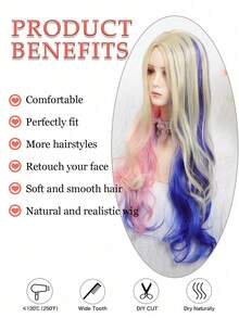 24 Inch Colorful Cosplay Wig, Pink And Blue Long Curly Hair Headpiece, Fashion Wig Suitable For Holiday Costumes And Role Play