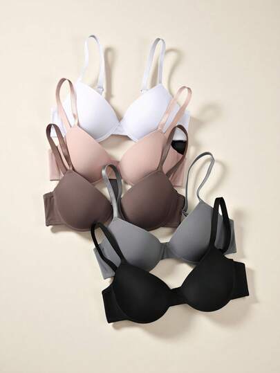 Snug Zone 5pcs Women's Simple Solid Color Spaghetti Strap Backless Casual Everyday Bras With Wire