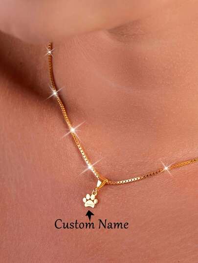 Personalized Name Animal Paw Print Pendant Necklace, Stainless Steel Box Chain, Everyday Elegant And Simple Jewelry, Mother's Day Valentine's Day Christmas Gift, Lovely Jewelry For Women, Thoughtful Gift, Gold-Plated Jewelry