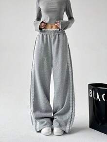 女士冬季蕾丝侧边抽绳阔腿运动裤，宽松休闲裤，浅灰色+高腰系带休闲风长裤，日系甜美慵懒风 - 灰色 - 查看 6