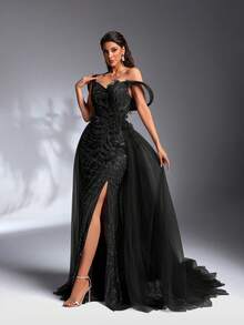 IBTRLY Nuevo vestido de noche formal de lujo con lentejuelas, bordados, encaje y parches de malla con cola, adecuado para fiestas, bodas, aniversarios, cumpleaños, alfombra roja, Año Nuevo, Día de San Valentín