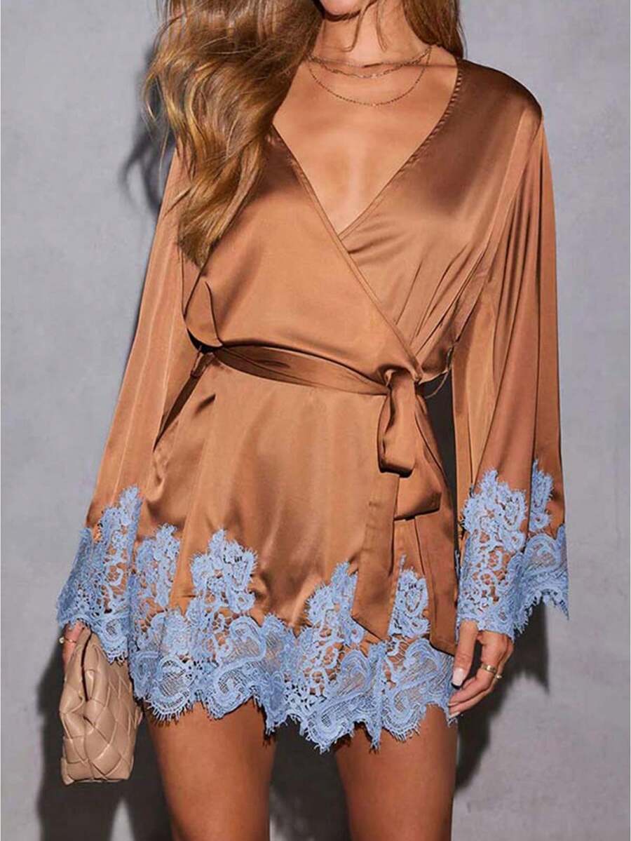 Women's Satin V Neck Lace Trim Mini Dress Long Sleeve Wasit Tie Silky Slip Cocktail Party Dresses - 棕色 - 查看 1