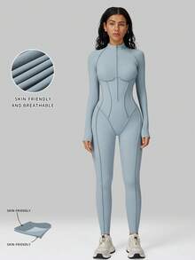 MFVIM 女士长袖连体裤，半拉链设计，紧身性感运动服，高强度瑜伽训练服 - 霧霾藍 - 查看 5