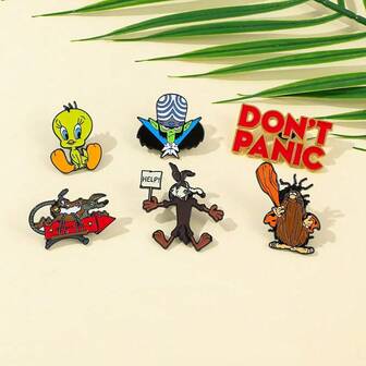 Set de 1/6 broches de personajes de dibujos animados personalizados de Warner Bros. Incluye pines de esmalte con diseños de pato, lobo y ser humano primitivo. Accesorios metálicos para mochila, ropa y joyería, un regalo para amigos.