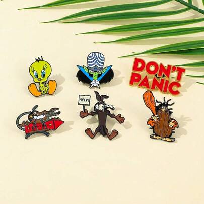 华纳兄弟 1/6 件套个性化卡通胸针套装 创意鸭子狼原始人珐琅别针 背包服装首饰金属徽章配饰 送给朋友的礼物