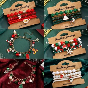 1-4件套精美圣诞手链，饰有仿珍珠铃铛、水钻、水晶球、雪花、圣诞树、拐杖糖等元素，合金材质，适合庆祝圣诞节，是馈赠佳品。