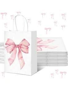 1/6/12pcs Pink Bow Themed Goodie Bags With Handles For Bachelorette, Birthday & Baby Shower Party Supplies - Multicolor - View 8