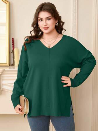 DEARCASE Plus V-ringad tröja med nedsänkta axelband, slitsad fåll, långärmade toppar