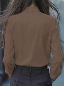 Women's Elegant Ruffle Bow Detail Long Sleeve Shirt - Solid Color, Long Sleeve, Front Button Design, Suitable For Commuting And Casual Wear, Casual Shirt | Elegant Blouse | Ruffle Bow Detail Spring - Coffee Brown - View 3