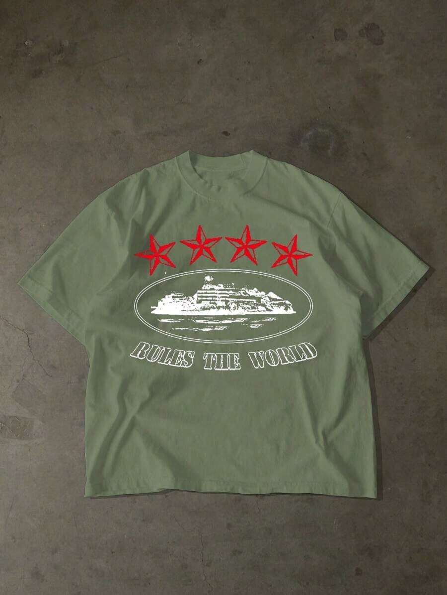 New Men's Hip Hop Fashion T-Shirt With Letter Print - 綠色 - 查看 1
