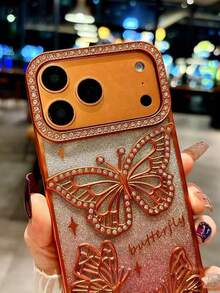 Premium Gradient Glitter Electroplated 3D Rhinestone Butterfly Full Coverage Anti-Drop Phone Case, Compatible With IPhone 16 Pro Max, 17/17 Pro/17 Pro Max - Coral Orange - View 5