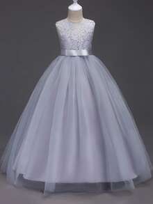 Long Tulle Princess Dress, Girls Formal Gown For Wedding, Birthday Party, Recital, Flower Girl Dress - Grey - View 3