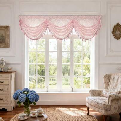 1 pezzo Tenda a volant in pizzo floreale trasparente per soggiorno, tenda a volant in pizzo rosa trasparente a cascata per finestra, tenda a volant con fiori per cucina e caffè, con passante per asta