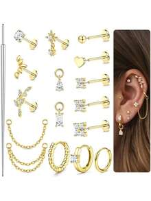 17Pcs 16G/18G/20G Threadless Flat Back Earrings 316L Surgical Steel Cartilage Earring Stacks Flatback Push In Nose Rings Studs Hypoallergenic Tragus Helix Conch Labret Medusa Piercing Jewelry - Style2-Gold - View 1