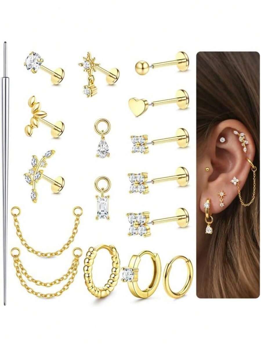 17Pcs 16G/18G/20G Threadless Flat Back Earrings 316L Surgical Steel Cartilage Earring Stacks Flatback Push In Nose Rings Studs Hypoallergenic Tragus Helix Conch Labret Medusa Piercing Jewelry - Style2-Gold - View 1