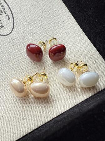 3 对复古方形糖耳钉，女士优雅仿珍珠法式复古简约别致奢华可爱优雅通勤高端耳环套装，适合女士日常和节日