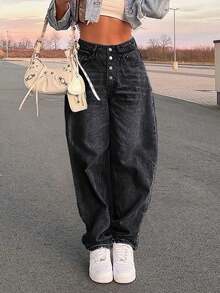 Casual Loose Straight Leg Button Fly Baggy Boyfriend Jeans For Women - Black - View 5
