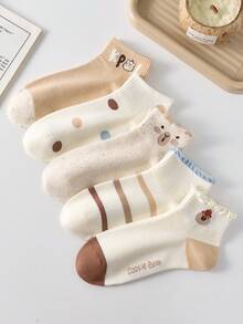 5 Pairs Women Cute Cartoon Animal Print Breathable Striped Polka Dot Ankle/Crew Socks, White, Suitable For Casual Daily Wear, Autumn/Winter - Multicolor - View 5