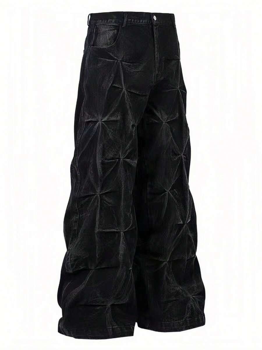 American Style, Retro, Heavy Industry, Pleated, High Street, Abi Style, Washed Water, Fashionable, Casual, Versatile, Loose, Handsome, Hip-Hop, Straight Leg Pants, Wide Leg Pants, Men's Jeans, Men's Pants - màu đen - Xem 1