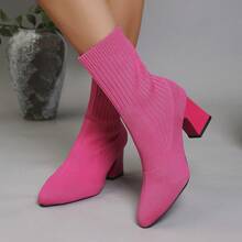 Knitted Chunky Heeled Short Boots For Women, Pointed Elastic Sock Boots, Fashionable High-Heeled Single Boots, Temperament Breathable Slim Boots, Comfortable And Simple, Suitable For Parties And Daily Travel - 玫紅色 - 查看 5