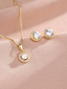 rakol 3 pezzi Set di gioielli con collana e orecchini classici tondi decorati con zirconi cubici per donne - Dorato - Visualizzare 5