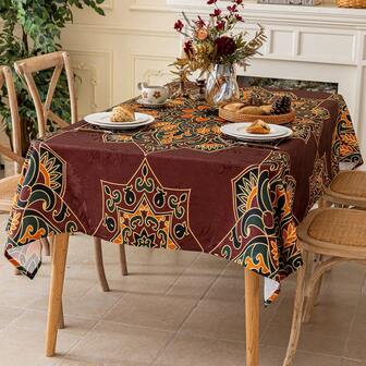 1pc Rectangular Polyester Tablecloth, Brown Bohemian Jacquard Fabric, Easy To Clean, Washable For Repeated Use, Decor For Kitchen, Living Room, Suitable For Dining Room, Bar, Family Gathering, Outdoor Party, Indoor & Outdoor Table Cover