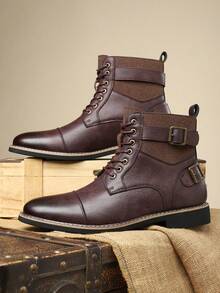 1 Pair Men's Lace-Up Buckle Round Toe Mid-Calf PU Leather Rubber Sole Comfortable Low Heel Casual Boots, Suitable For Daily Wear - Burgundy - View 9