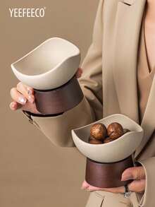 yeefeeco 1pc Ceramic With Wooden Base Dish, Irregular Ceramic Bowl, Coarse Ceramic Dish, Nut Bowl, Snack Tray, Date Utensils, For Families, Hospitality Guests, Restaurant, Party