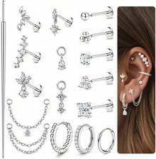 17Pcs 16G/18G/20G Threadless Flat Back Earrings 316L Surgical Steel Cartilage Earring Stacks Flatback Push In Nose Rings Studs Hypoallergenic Tragus Helix Conch Labret Medusa Piercing Jewelry - 款式1-銀色 - 查看 8