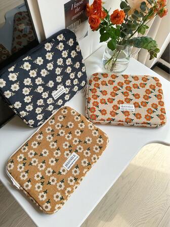 1 PC Korean Ins Retro Corduroy Small Flowers IPad Tablet Bag, 11/13/15 Inch Laptop Storage Bag, Laptop Case