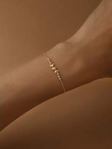 1pc 925 Sterling Silver Classic Fashion Asymmetric Element Stars And Moon Cubic Zirconia Connected Bracelet Suitable Women For Women Daily Party Anniversary Wear - Gold - View 3