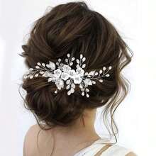1pc Handmade Gold Alloy Pearled Flower Bridal Hair Comb, Wedding Headpiece, Party Dress Accessory