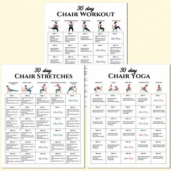 3-In-1 30-Day Chair Exercise And Yoga Stretching Poster Set - Interactive, Easy-To-Follow, Beginner-Friendly Fitness Guide, 3-Piece Set, 8x10inch Unframed Papers, Vivid Exercise And Pose Illustrations, Fitness Accessories