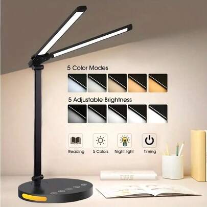 Double-Head LED Desk Lamp, USB Powered Table Lamp, Touch Control, Brightness Adjustment, Eye-Caring Design, White/Black, For Home Office, Reading, Studying, Painting, Bedroom, Bedside, Crafting