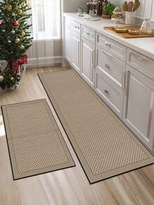 1pc Silicone-Based Kitchen Mat, Beige & Dark Beige Interlocking Woven Texture Pattern, Cushioned Anti-Fatigue Kitchen Rug, Absorbent Mat Suitable For Kitchen, Bathroom, Entryway, Laundry Room