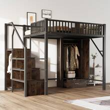 Metal Loft Bed 140 * 200 Cm With A Striking Railing Design Made Of Wood And Metal Mesh, Complete With Large Wardrobe, Drawers And Storage Ladder, Black - Black - View 12