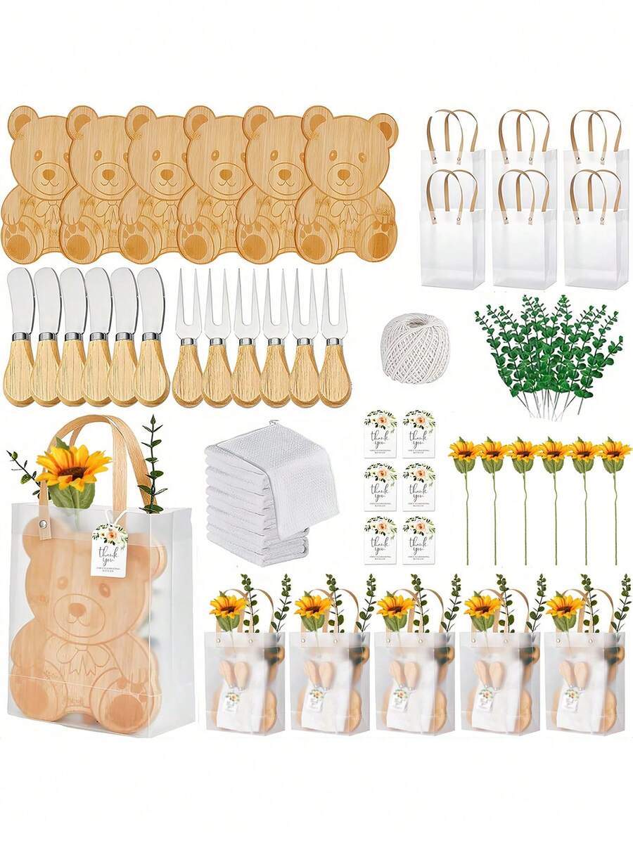 6 Set Wooden Pizza Serving Board Set Features An Engraved Bear Design And Includes All The Accessories You Need For Serving. The Complete Set Comes With 6 Bear Boards, 6 Sets Of Cutlery, 6 Towels, 6 Sunflowers, 6 Tote Bags, 6 Paper Cards, A Roll Of White Hemp Rope, And 6 Eucalyptus Stalk.